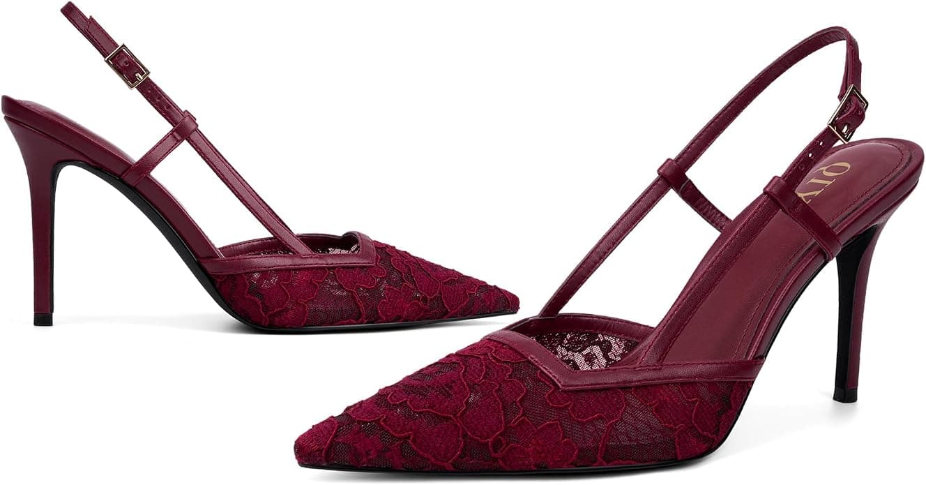 QIY Burgundy Slingback Pointed-Toe Strappy Heels