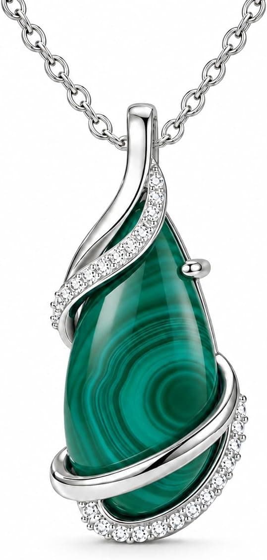Kootwo Malachite Necklace 14K White Gold Teardrop Pendant