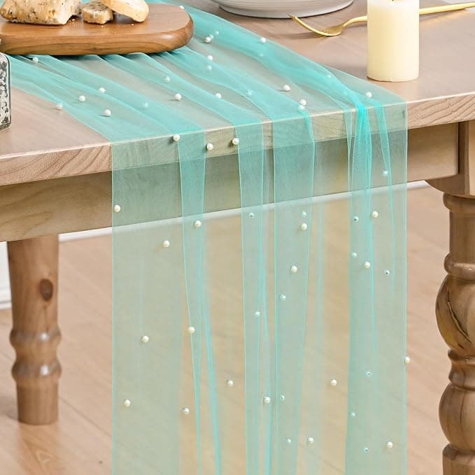 Artoid Mode Turquoise Gauze Pearl Table Runner 70x300cm