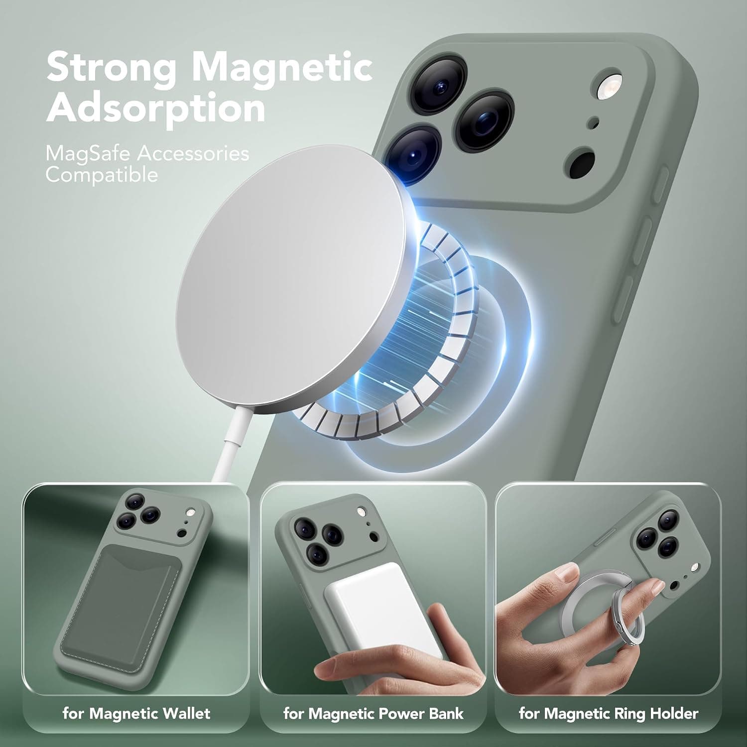SuydanBox Magnetic Silicone Case for iPhone 17 Pro / 18 Pro – Calke Green